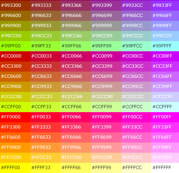 HTML WEBセーフカラー色見本・16進数カラーコード表｜及川WEB室